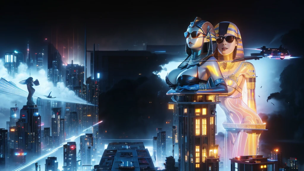 (((a medium-breast bikini slim GIRL with black micro sunglasses))), (((aiming at viewer with a pistol))), a balcony of a futuristic building, aerial view of an ultra-futuristic megalopolis, many metal buildings and houses in dark colors from dark blue to black, a cidade tem tons de cinza metal, has smoky metal structures , industrial environment with smoke and fog around, carros escuros nas ruas, desert megalopolis, trilhos e trens modernos de de metal passando estre as ruas da cidade, tall futuristic metal buildings, many ultra modern buildings around, (((an Egypt sphinx statue on the top of building))), realistic, detailed, sci-fi.
