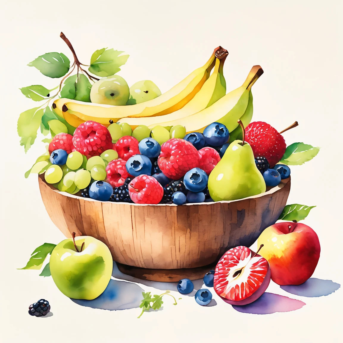 Against brilliant white background. The illustration portrays a cartoon grocery bag with an assortment of colorful fruits. Among them are green and red apples, a pear, bananas, blueberries, strawberries, raspberries, blackberries, Carrot, and slices of kiwi. The grocery bag  rests on a surface, casting subtle shadows, while the plain brilliant white background accentuates the vibrant hues and the wooden texture of the bowl. This image could be relevant for discussions on healthy eating or as an example of realistic still life art. Loose Watercolor Style. Minimalist Color.