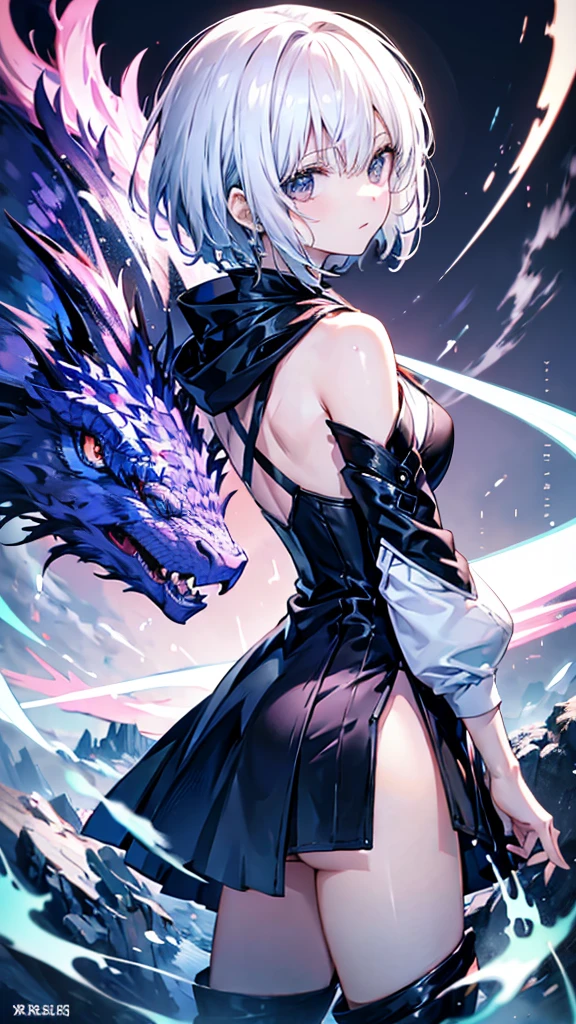 profile background, anime girl, serious face, fringe, short white hair, eyes purple, student clothing, high-res portrait, detailed eyes and face, character, fantasy, with a blue dragon behind, advanced urban, looking from behind at viewer, 4K, high resolution