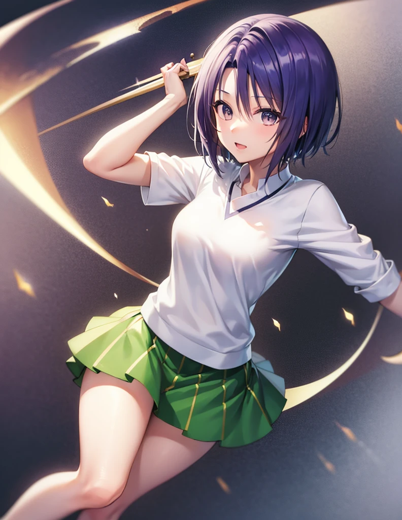 Sairenji Haruna,Haruna Sairenji,standing,uniform,shirt,skirt,short hair,white shirt,green skirt