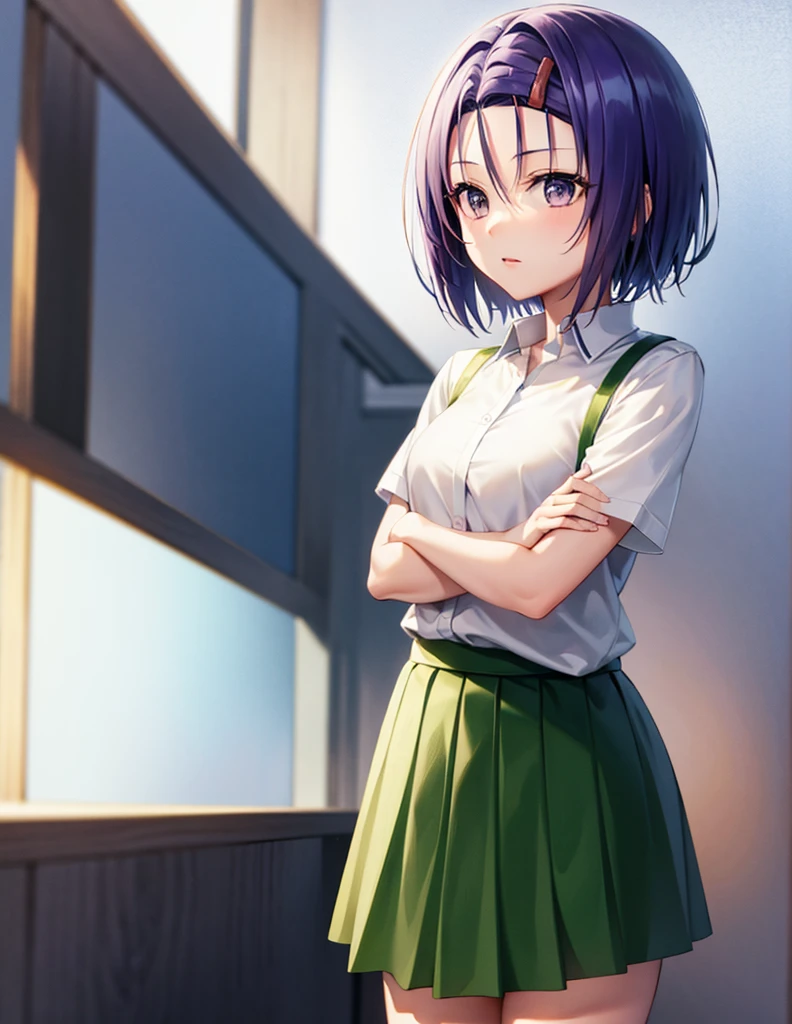 Sairenji Haruna,Haruna Sairenji,standing,uniform,shirt,skirt,short hair,white shirt,green skirt