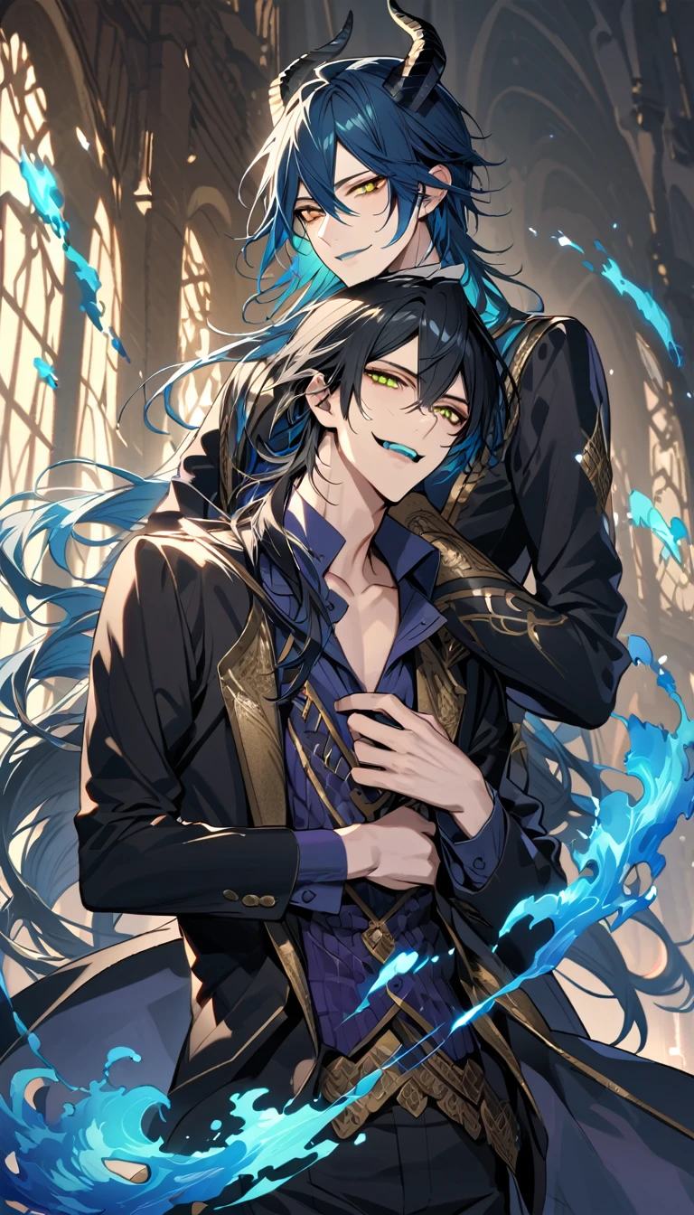 (pieces fly), (highest quality), very detailed, ((two men)), perfect face, beautiful face, very detailed face, (black haired man:1.3)，(blue haired man:1.3)，suit，shirt，smile，flower, (1st boy,Idia Shroud, bishounen, boy, male, extremely long hair, blue hair, blue fire hair, wavy hair, yellow eyes, tired expression, blue lips, handsome, skinny, geeky, blue glow, shark teeth,) (2nd boy, malleus draconia \(twisted wonderland\) horns, bishounen, boy, male, long hair, black hair, yellow green eyes, smile, gray lips, handsome, skinny, tall, yellow green glow,)  Two men are hugging each,