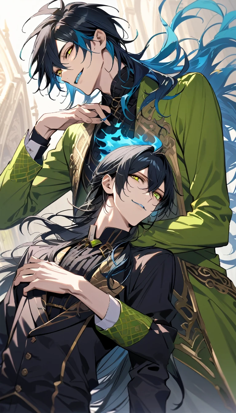 (pieces fly), (highest quality), very detailed, ((two men)), perfect face, beautiful face, very detailed face, (black haired man:1.3),(blue haired man:1.3),suit,shirt,smile,flower, (1st boy,Idia Shroud, bishounen, boy, male, extremely long hair, blue hair, blue fire hair, wavy hair, yellow eyes, tired expression, blue lips, handsome, skinny, geeky, blue glow, shark teeth,) (2nd boy, malleus draconia \(twisted wonderland\) horns, bishounen, boy, male, long hair, black hair, yellow green eyes, smile, gray lips, handsome, skinny, tall, yellow green glow,) Two men are hugging each,