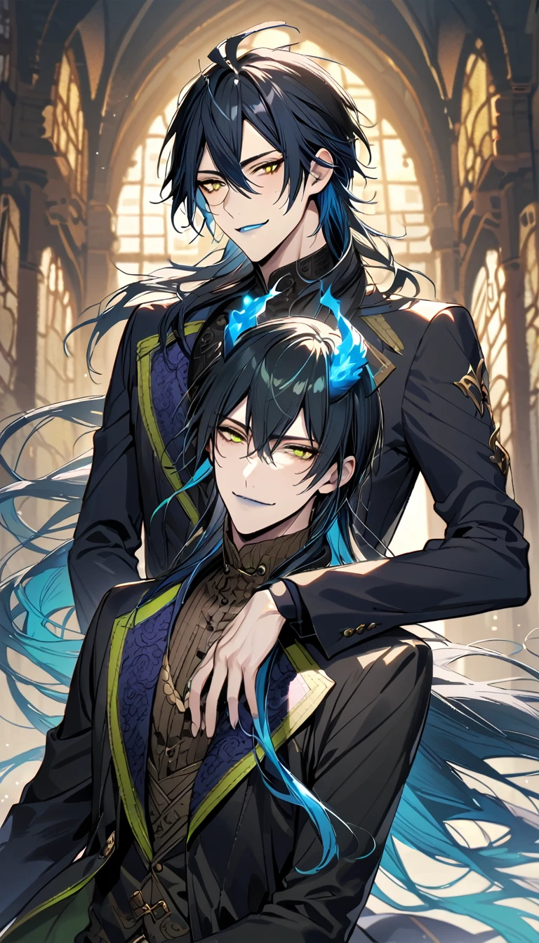 (pieces fly), (highest quality), very detailed, ((two men)), perfect face, beautiful face, very detailed face, (black haired man:1.3)，(blue haired man:1.3)，suit，shirt，smile，flower, (1st boy,Idia Shroud, bishounen, boy, male, extremely long hair, blue hair, blue fire hair, wavy hair, yellow eyes, tired expression, blue lips, handsome, skinny, geeky, blue glow, shark teeth,) (2nd boy, malleus draconia \(twisted wonderland\) horns, bishounen, boy, male, long hair, black hair, yellow green eyes, smile, gray lips, handsome, skinny, tall, yellow green glow,)  Two men are hugging each,