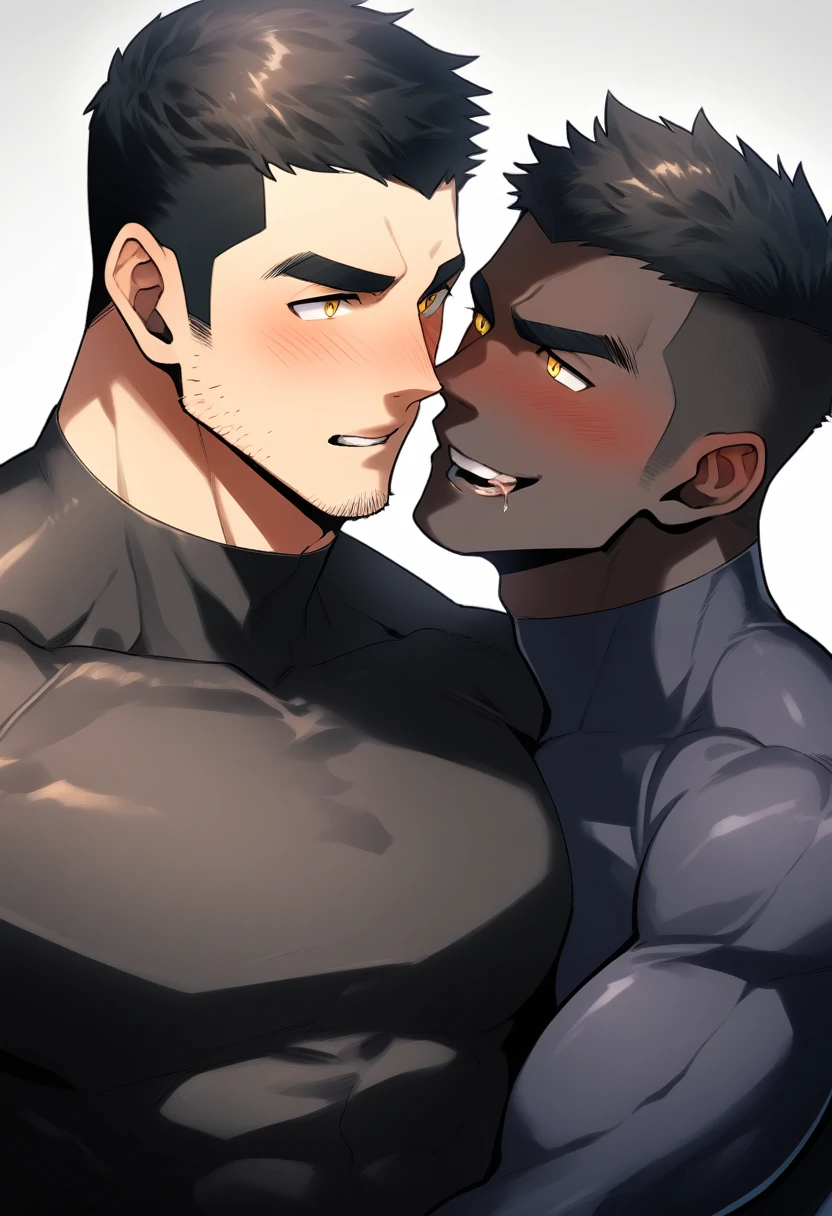 anime characters：Two superheroes in tights, Muscle superhero,Black Short Hair, ????? black skin, They hugged and kissed each other, Bite your neck, Caress, Manliness, male focus, Yellow and black high collar long sleeve tight T-shirt, Slightly transparent material, Very tight, Round, full and perky chest muscles, Male dog waist, Slightly transparent, muscular male, muscular, only, Upper body, alone, Black Short Hair, Thick eyebrows, stubble, Yellow eyes, Grey background, simple background, amazing quality, best aesthetics, Ridiculous, bright pupils, crew cut, parted lips, torogao, naughty face, blush, saliva trail, drop shadow, best quality