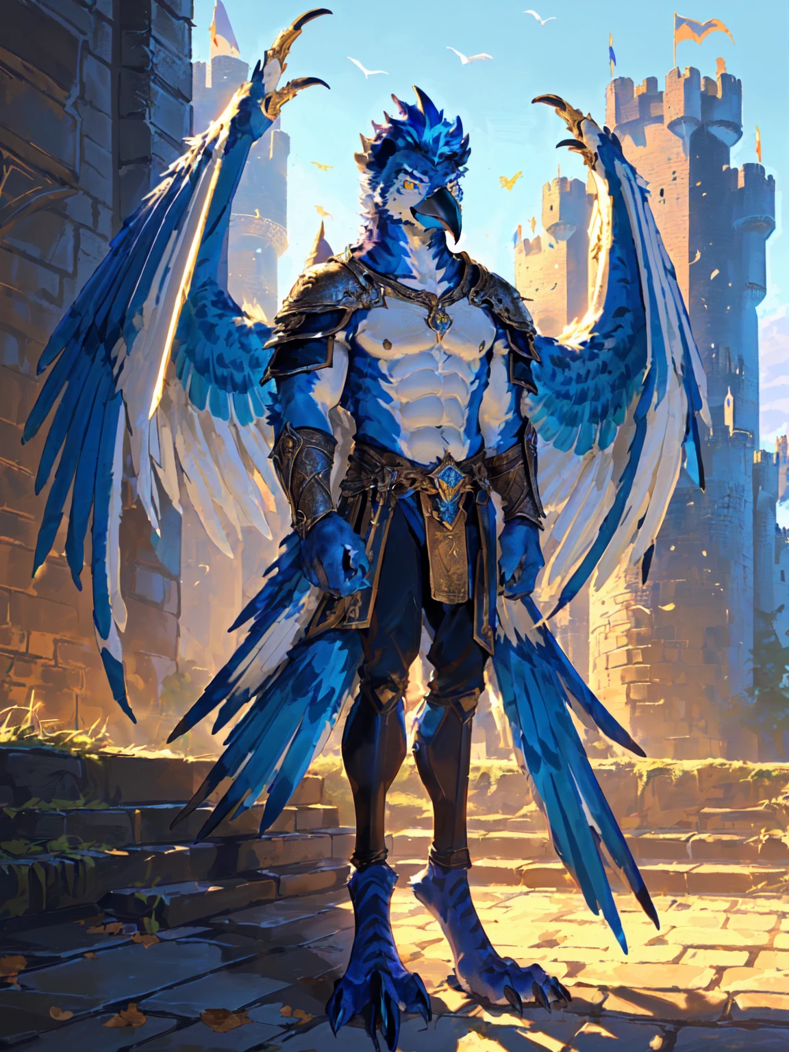 ((middle Ages:1.3,Castle Background:1.6)),(Royal Family:1.2),sunny,high resolution,4K,【Strike a pose:1.5】,masterpiece,high quality,((Griffin)),male,Furry,(teenager:1.3),hairy,((Fierce and vicious:1.4)),(((Strong body:1.4,Big Wings:1.3,Bird claws子:1.3))),(((Blue head:1.3,White abs:1.4))),(((White Wings:1.3))),(((Golden pupils:1.2))),(((Bird claws:1.3))),(((Long legs:1.3))),((No shirt,No underwear)),Exquisite eyes,Detailed body,Detailed claws,Detailed feet,Kenket's Art