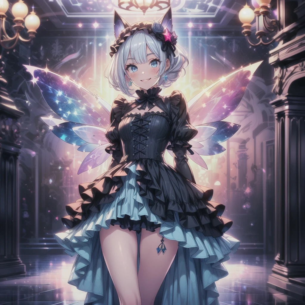 Star Fairy、score_9, score_8_superior, score_7_superior, sauce_anime,masterpiece, Highest quality, High resolution, Highly detailed CG, Absurd, One girl, alone, Cool girl in gothic ta outfit posing in palace, mini skirt, Frills, 黒 and blue outfit,((smile), Spread your legs, Standing on the floor, ruby👁️🗨️,white_hair, ((two_side_superior)), background, dark_background, Black Palace, Midnight, indoor, (extremely detailed background:1.6), Details 1, Bright colors