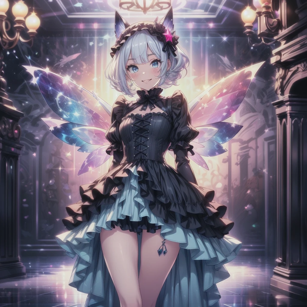 Star Fairy、score_9, score_8_superior, score_7_superior, sauce_anime,masterpiece, Highest quality, High resolution, Highly detailed CG, Absurd, One girl, alone, Cool girl in gothic lolita outfit posing in palace, mini skirt, Frills, 黒 and blue outfit,((smile), Spread your legs, Standing on the floor, ruby👁️‍‍🗨️,white_hair, ((two_side_superior)), background, dark_background, Black Palace, Midnight, indoor, (extremely detailed background:1.6), Details 1, Bright colors