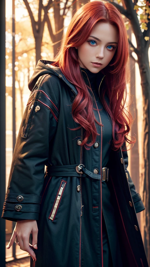 Best quality, 4K, high resolution, Masterpiece:1.2, super ultra detail, (Realistic, Photorealistic, photo-realistic:1.37), vibrant, Red and blue heterochromic eyes,Strong gaze,Mesmerizing eye contact,Fire-red iris,Dark blue shining stars,Shining pupils,Vivid colors,Portrait,Fantasy art,Magical red light,Ethereal beauty,Red color palette,Long yellow hair,Cloak like red, wear black trench coat:1.4