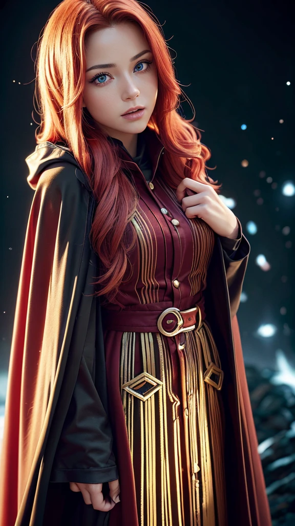 Best quality, 4K, high resolution, Masterpiece:1.2, super ultra detail, (Realistic, Photorealistic, photo-realistic:1.37), vibrant, Red and blue heterochromic eyes,Strong gaze,Mesmerizing eye contact,Fire-red iris,Dark blue shining stars,Shining pupils,Vivid colors,Portrait,Fantasy art,Magical red light,Ethereal beauty,Red color palette,Long yellow hair,Cloak like red, wear black trench coat:1.4