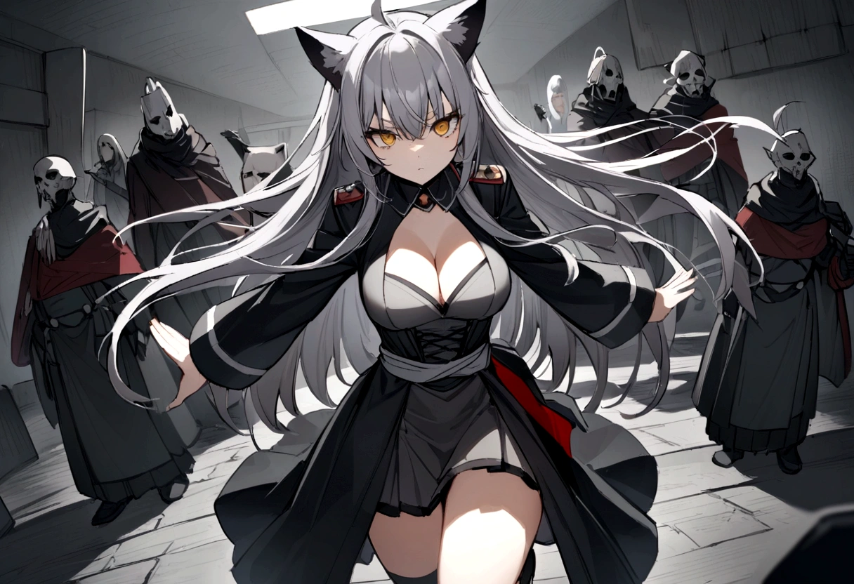 wireless機に語りかける、wirelessを顔に、wireless、Dynamic Angles、Raising the German flag、Suspicious Gathering、Surrounded by enemieasterpiece, best quality:1.2), 1girl, 独奏、Gray cat ears、Grey long hair、Ahoge、Yellow Eyes、Gray cat ears、Background of military bases、Fisheye Lens、battlefield、Shadows of light and darkness、Expressionless、Grim face、battle、Black High Knee Socks、Cleavage、