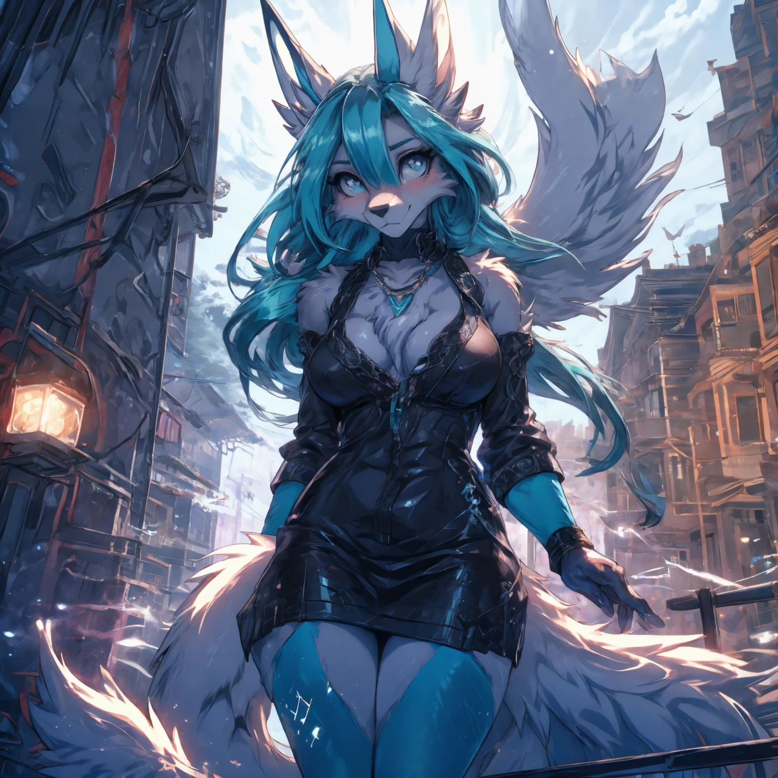 Chica anime,tennage girl 18 years old, anime style, cute hatsune miku x suicune, shy girl , Orejas de Kitsune, arte de dark natasha, city landscape, arte de vixen aztra, cuerpo completo, patas hermosas, cintura delgada, caderas amplias, navel piercing, bat wings, perverse face, dark aura, tribal body paiting 