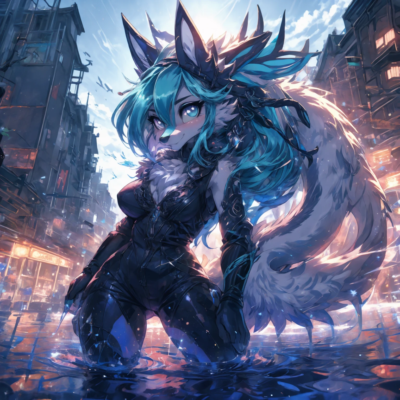 anime girl,tennage girl 18 years old, anime style, cute hatsune miku x suicune, centaurys girl,shy girl , kitsune ears, dark natasha art, city landscape, art by vixen aztra, full body high definition in details the best image quality, naked sensual pose add_detail:1, young cortesana add_detail:1, sensual back pose .