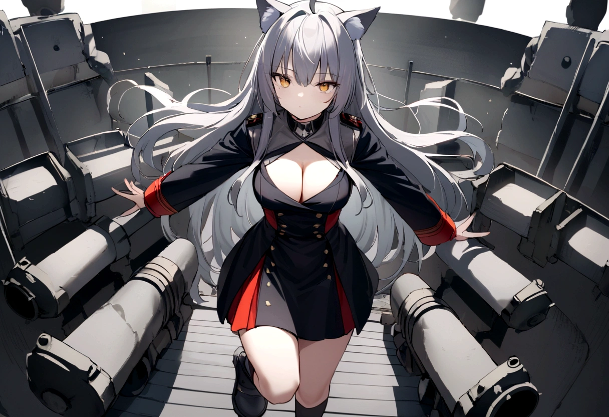 wireless機に語りかける、wirelessを顔に、wireless、Dynamic Angles、Raising the German flag、Suspicious Gathering、Surrounded by enemieasterpiece, best quality:1.2), 1girl, 独奏、Gray cat ears、Grey long hair、Ahoge、Yellow Eyes、Gray cat ears、Background of military bases、Fisheye Lens、battlefield、Shadows of light and darkness、Expressionless、Grim face、battle、Black High Knee Socks、Cleavage、