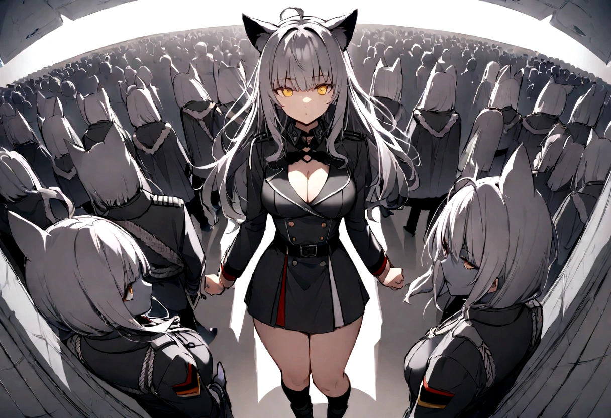 wireless機に語りかける、wirelessを顔に、wireless、Dynamic Angles、Raising the German flag、Suspicious Gathering、Surrounded by enemieasterpiece, best quality:1.2), 1girl, 独奏、Gray cat ears、Grey long hair、Ahoge、Yellow Eyes、Gray cat ears、Background of military bases、Fisheye Lens、battlefield、Shadows of light and darkness、Expressionless、Grim face、battle、Black High Knee Socks、Cleavage、