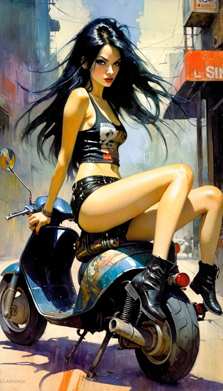Very sexy girl, long black hair, punk look, sitting on a scooter, motorcycle, black leather miniskirt, tank top, pronounced nipples, small breasts,(art inspired in Bill Sienkiewicz). oil painting)