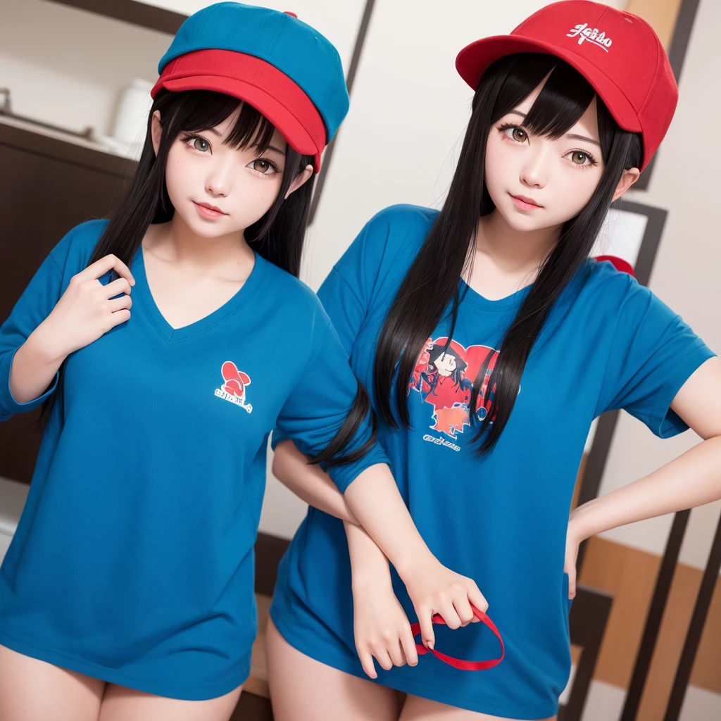 1girl,anime style,hair black with red hat,blue shirt