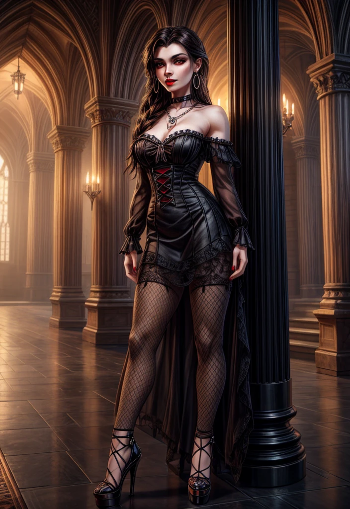 UHD 8k, HDR+, cute brunette female vampire with a necklace, large piercing eyes, huge earrings, giant earrings, her long Black hair falls over her shoulders, Black high heel shoes, High heels, Black gothic dress, Against the background of the Vampire gothic castle, detailed background, realistic, 1girl, solo girl, 20 year old girl, ultra realistic face, hyperrealistic, hyperdetailed, (looking at viewers), sharpen, detailed face, detailed eyes, detailed lips, red lips, beautiful face, 16k, FHD, raw photo, cute face mesh, pretty face mesh, portrait shot 8 k