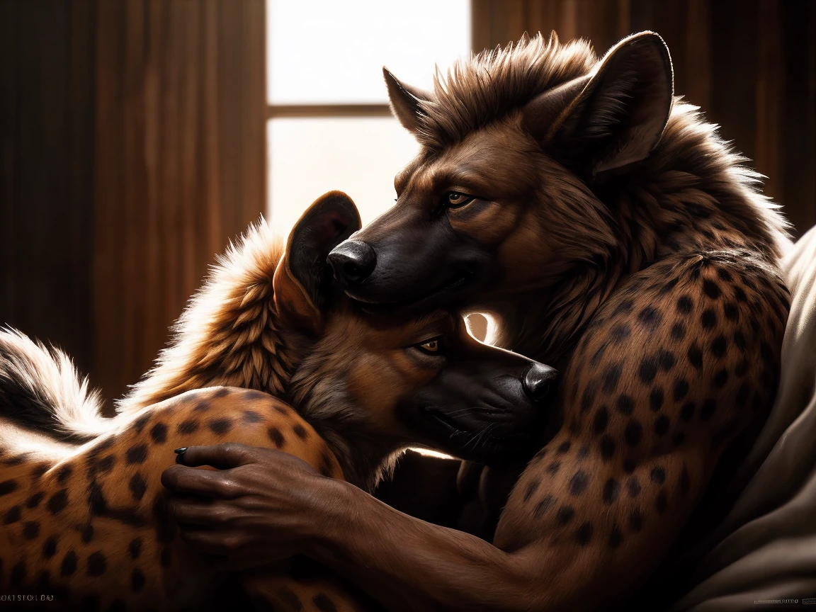 (best quality,4k,8k,highres,masterpiece:1.2),ultra-detailed,(realistic,photorealistic,photo-realistic:1.37),two male hyenas,extremely detailed anatomy,detailed fur textures,detailed facial features,erotic pose,sensual,intimate,raw,nsfw