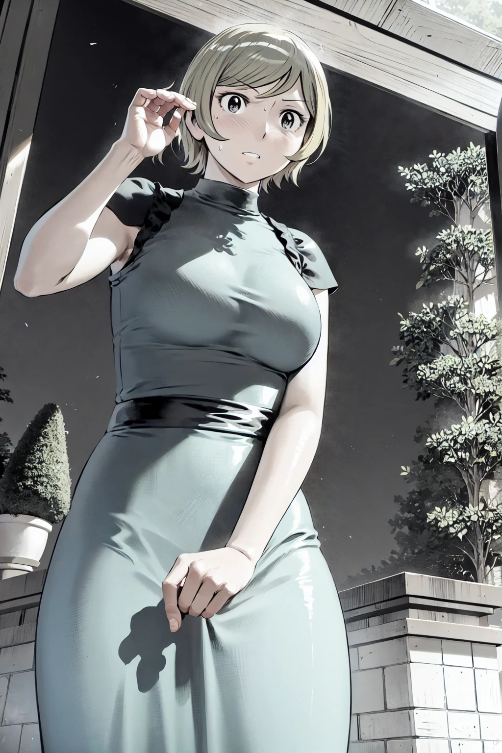 、(masterpiece、Highest quality)、Highest quality, Ultra-high resolution, (((masterpiece))), alone, Sweat、Big eyes, Sleeveless、Outdoor、Floral Dress、Composition from the front、（後ろCut your hair short、short hair、blonde、woman）、Shortcuts、Embarrassed face、Cut your hair short、可愛いwomanの子、Big Breasts、Browsing Caution