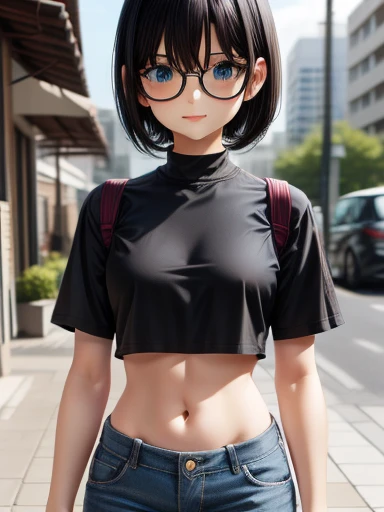 Anime Girls ,Short black hair,Wearing a crop top,Small ,