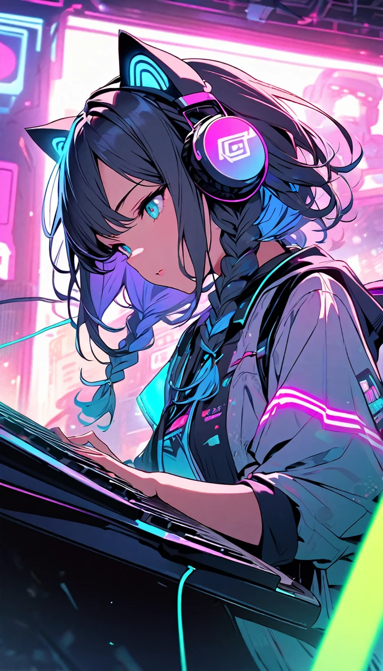 Beautiful 1, single, girl with braids, hair with glowing wires Wears a half hat, headphones, cat ears, mixed with sci-fi and neon tones. In the background is a robot with neon lights. The background image is a large robot, clearly visible. ,on stage, playing keyboard