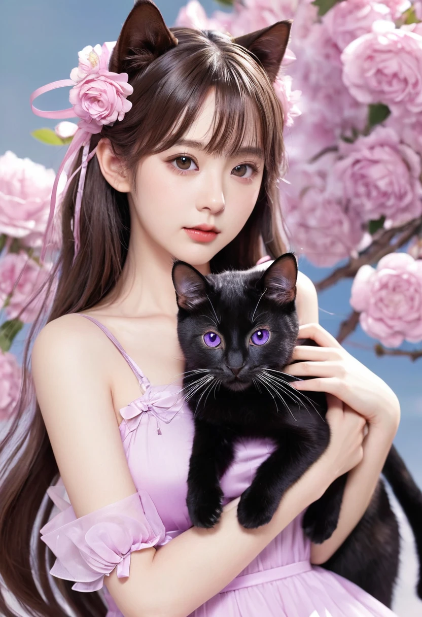One girl, naked, Animal ears, Purple eyes, Brown Hair, wing, alone, Long Hair, blush, Cat耳, Flowers, View your viewers, Braid, bow, dress, pink Flowers, bow, hair accessory, bangs, Cat, Hair Flowers, Animal ears毛, Holding, Virtual YouTuber, Blue ribbon, Holding animal, Catwoman, stuffed toy