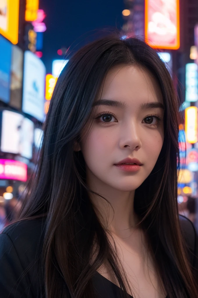 young woman face , Times Square street sidewalk background (With people watching me), night time. selfie, front view, 4K, cinematic, picturerealistic, realism, detail clarity, Ultra HD, picture
