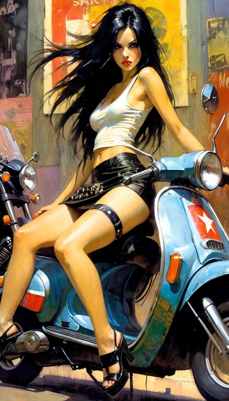 Very sexy girl, long black hair, punk look, sitting on a scooter, motorcycle, black leather miniskirt, tank top, pronounced nipples, small breasts,(art inspired in Bill Sienkiewicz). oil painting)