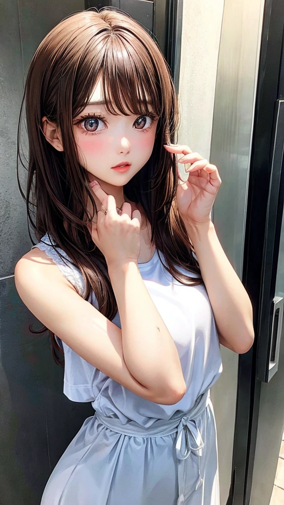 masterpiece,  top quality,  perfect anatomy , 1 Beautiful Japanese Girl , Idol&#39;s face ,  pretty face  ,Alone,  black hair,  twin tails,  big boobs:1.5,  sexy,  Attractive Cleavage,, Big Breasts, Age 9, young, looseＴ shirt,  shirtの胸元を引っ張られて胸の谷間を覗かれている,  Surprised Face , 