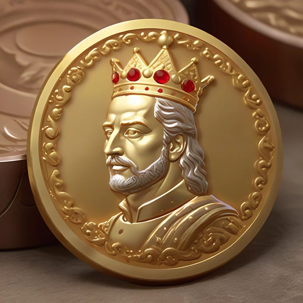 The king holds a coin with his image, cinematic photo analog style portrait of an very detailed portrait of (((oh man))) like an elegant king, Ornate Crown, beautiful symmetrical face, artstation, Clear Focus, beautiful lighting, detailed and fantasy . movie Уэса Андерсона, кадр из movieа Стэнли Кубрика, 35mm photography, movie, hips, professional, 4K, very detailed, next to it is a coin with the image of the king’s profile, image of the king on the coin in profile