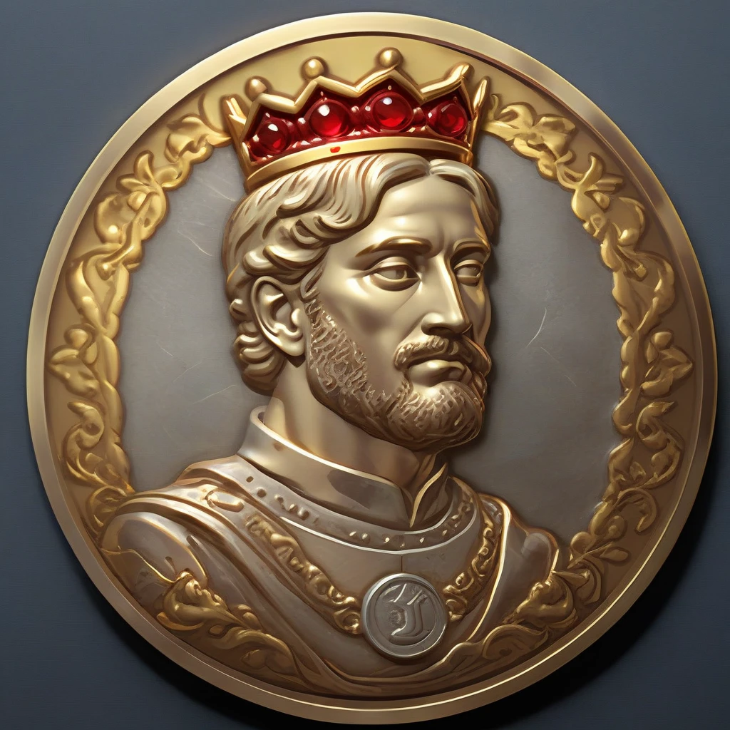 The king holds a coin with his image, cinematic photo analog style portrait of an very detailed portrait of (((oh man))) like an elegant king, Ornate Crown, beautiful symmetrical face, artstation, Clear Focus, beautiful lighting, detailed and fantasy . movie Уэса Андерсона, кадр из movieа Стэнли Кубрика, 35mm photography, movie, hips, professional, 4K, very detailed, next to it is a coin with the image of the king’s profile, image of the king on the coin in profile