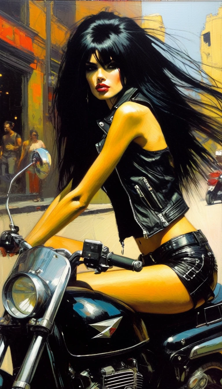 Very sexy girl, long black hair, punk look, sitting on a scooter, motorcycle, black leather miniskirt, tank top, pronounced nipples, small breasts,(art inspired in Bill Sienkiewicz). oil painting) 
