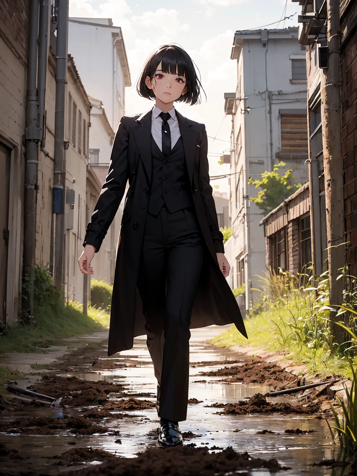 masterpiece, best quality, lineart, anime screencap, sketch, (1girl), black hair, bob cut, bangs, hair swaying from the wind, (red eyes), bright pupils, sparkling eyes, (wearing black trench coat, long black trench coat, black suit, black pants, black tie, black dress shoes:1.3), solo, neutral expression, looking at viewer, light particles, scenery, outdoors, dirt field, muddy fields, cloudy sky, grey skies, bokeh, blurry background, 200mm lens, 