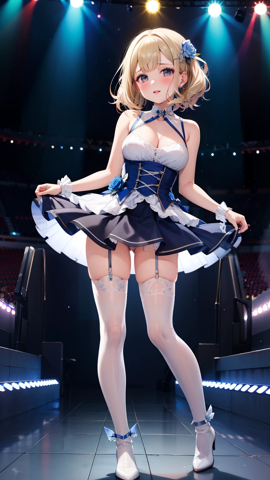 masterpiece, best quality, highly detailed, ultra high res, ayase arisa, 1girl, solo, hair ornament, flower in hair, blonde hair, glossy lips, full lips, sleeveless idol dress, very puffy miniskirt, flared miniskirt, (see-through skirt), pink thigh highs, white heeled boots, full body, looking at viewer, crowd, audience, cleavage