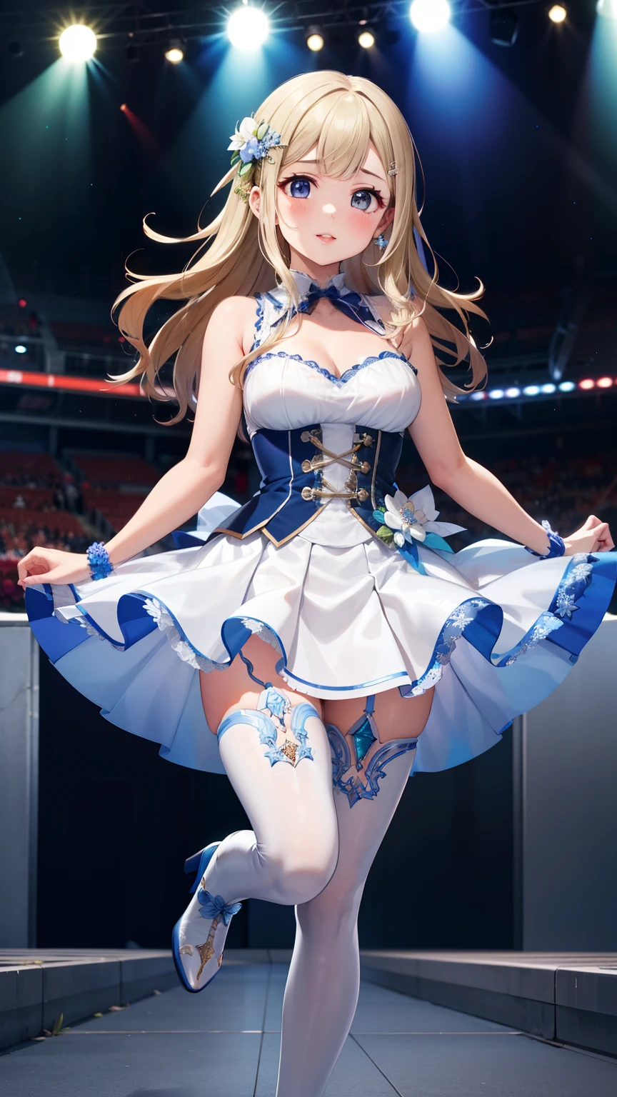 masterpiece, best quality, highly detailed, ultra high res, ayase arisa, 1girl, solo, hair ornament, flower in hair, blonde hair, glossy lips, full lips, sleeveless idol dress, very puffy miniskirt, flared miniskirt, (see-through skirt), pink thigh highs, white heeled boots, full body, looking at viewer, crowd, audience, cleavage