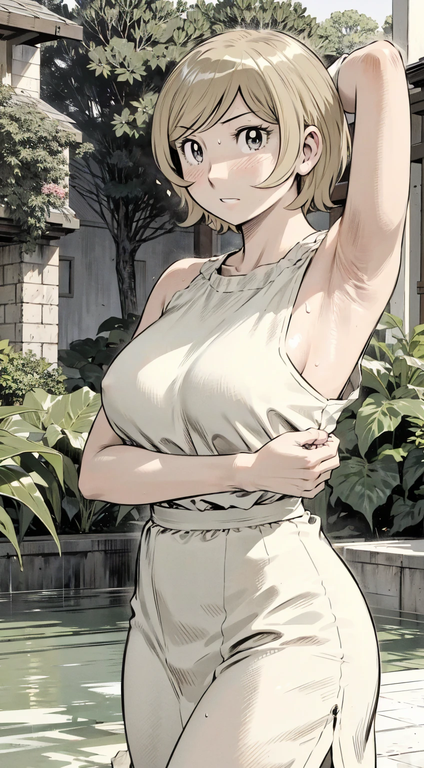 、(masterpiece、Highest quality)、Highest quality, Ultra-high resolution, (((masterpiece))), alone, Sweat、Big eyes, Please show me your armpits, No sleeve、Outdoor、Floral dress、Composition from the front、(Cut the back hair short、short hair、blonde、woman)、Shortcuts、Embarrassed face、Cut your hair short、可愛いwomanの子、Big Breasts
