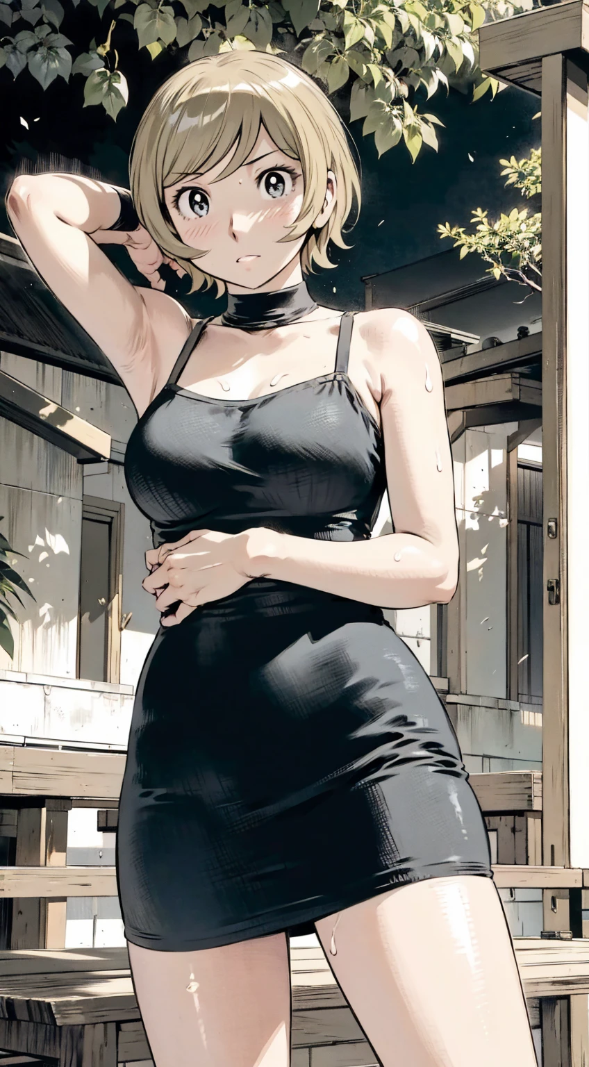 、(masterpiece、Highest quality)、Highest quality, Ultra-high resolution, (((masterpiece))), alone, Sweat、Big eyes, Sleeveless、Outdoor、Floral Dress、Composition from the front、(後ろCut your hair short、short hair、blonde、woman)、Shortcuts、Embarrassed face、Cut your hair short、可愛いwomanの子、Big Breasts