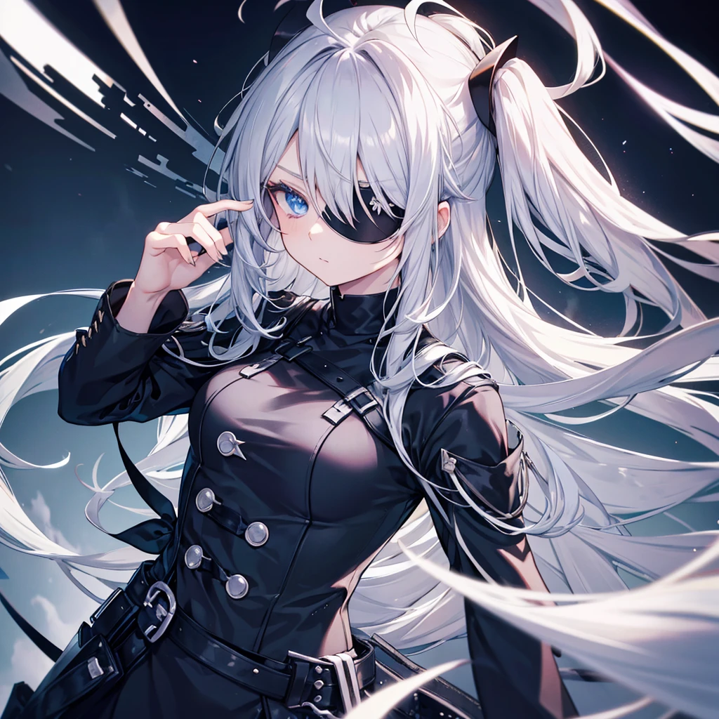 Black clothes, blue eyes, Silver Hair, Half Up, Ahoge, Eye patch