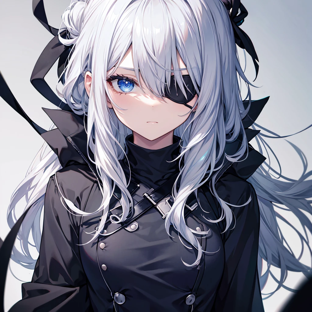 Black clothes, blue eyes, Silver Hair, Half Up, Ahoge, Eye patch