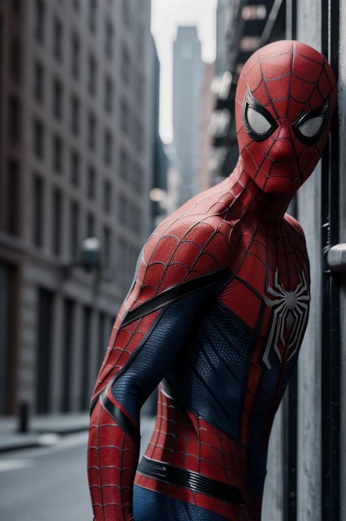 A photograph of spider man, no mask, 20 yo, handsome, detailed face, looking at camera, portrait, 8k uhd, high quality