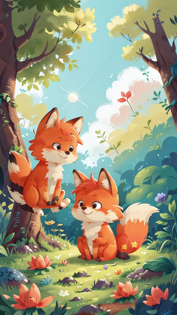 A very cute fox，Surrounded by beautiful little flowers and nature. This illustration is a 4K high-definition illustration，The facial features are rich in detail，Cartoon Style，Cartoon Animals 5.1，Fox playing the piano in the forest，A fox，space，坐在space左边的狐狸，Blue sky and white clouds