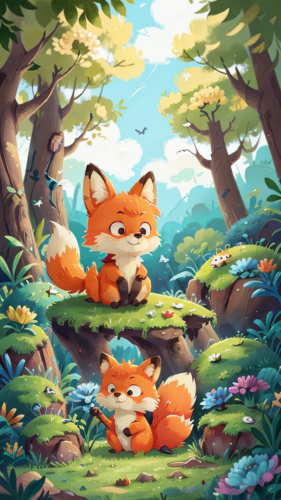 A very cute fox,Surrounded by beautiful little flowers and nature. This illustration is a 4K high-definition illustration,The facial features are rich in detail,Cartoon Style,Cartoon Animals 5.1,Fox playing the piano in the forest,A fox,space,坐在space左边的狐狸,Blue sky and white clouds