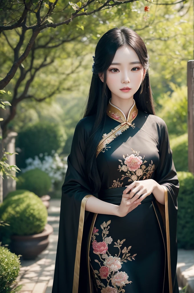 a beautiful chinese woman, delicate facial features, flawless porcelain skin, long silky black hair, elegant expression, wearing a traditional chinese dress, intricate embroidery, flowing fabric, standing in a lush garden with blooming flowers, natural lighting, warm color tones, cinematic composition, ethereal and dreamlike atmosphere, extremely detailed, photorealistic, 4k resolution