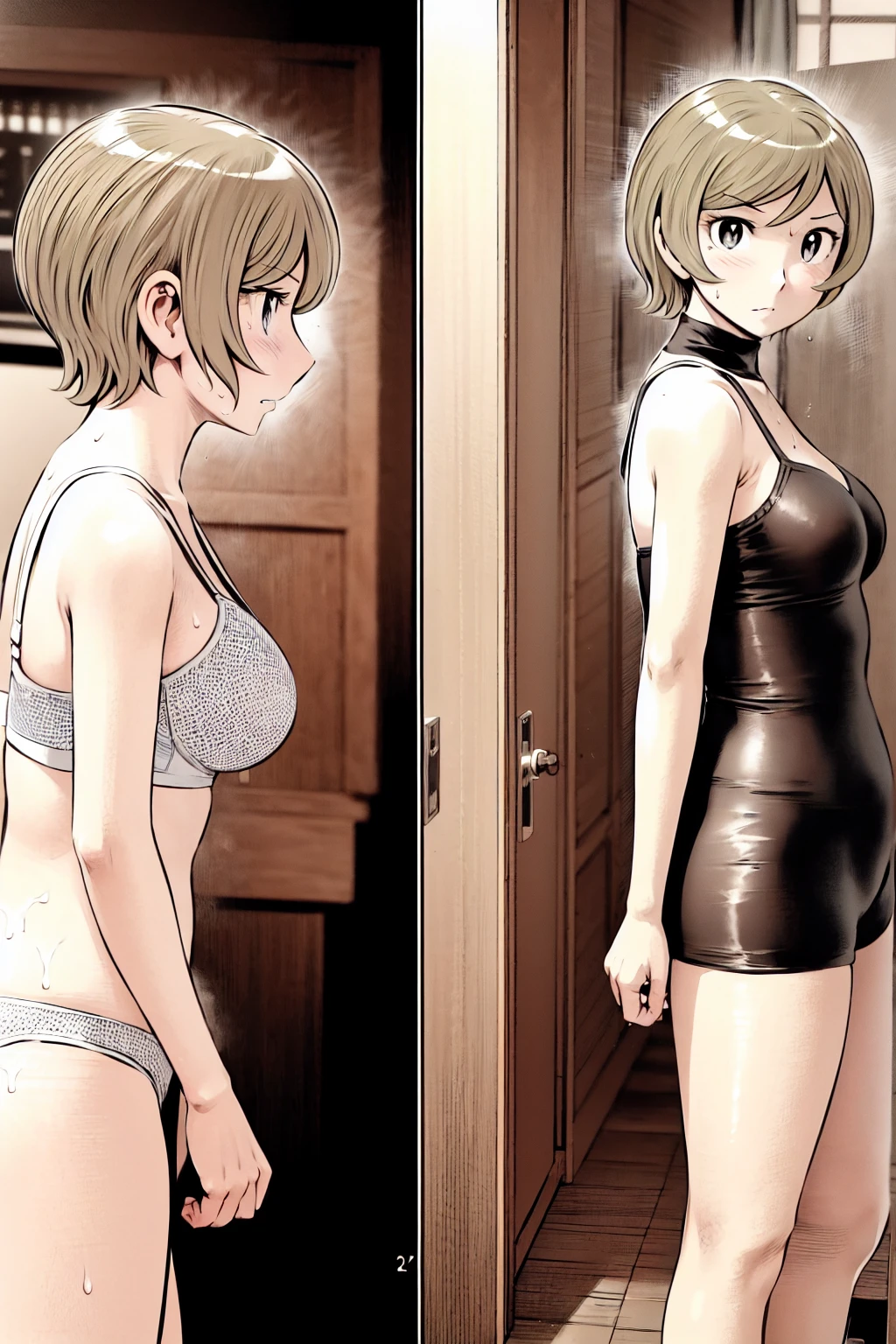 、(masterpiece、Highest quality)、Highest quality, Ultra-high resolution, (((masterpiece))), alone, Sweat、Big eyes, In underwear、bra、Panties、Small underwear、Composition from the front、(Cut the back hair short、short hair、blonde、woman)、Shortcuts、Embarrassed face、Cut your hair short、可愛いwomanの子、Big Breasts