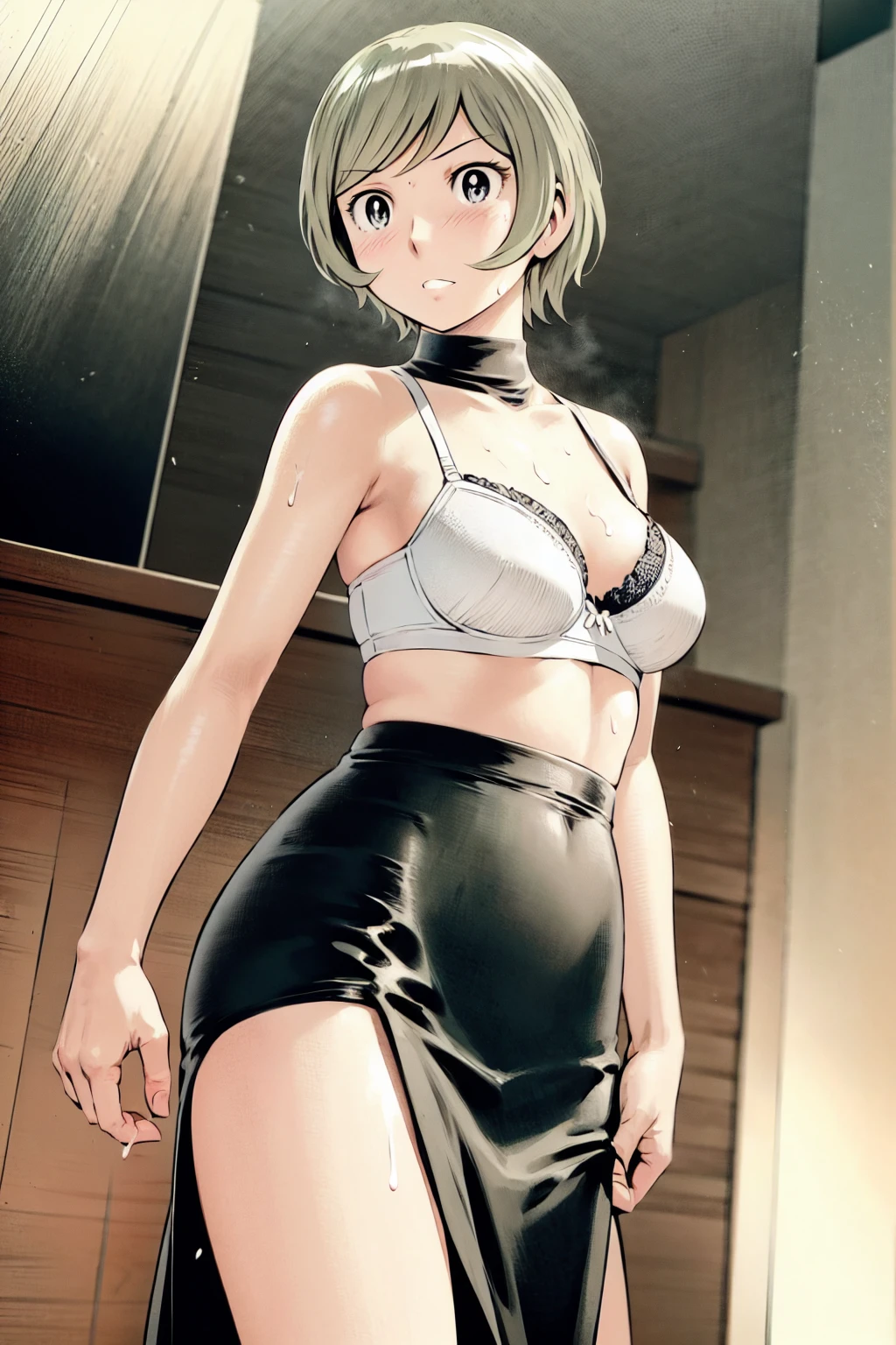 、(masterpiece、Highest quality)、Highest quality, Ultra-high resolution, (((masterpiece))), alone, Sweat、Big eyes, In underwear、bra、Panties、Small underwear、Composition from the front、(Cut the back hair short、short hair、blonde、woman)、Shortcuts、Embarrassed face、Cut your hair short、可愛いwomanの子、Big Breasts