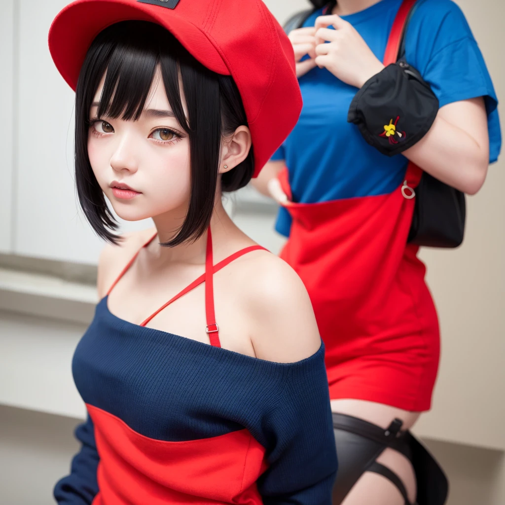 1 girl,anime style,hair black with red hat,blue shirt