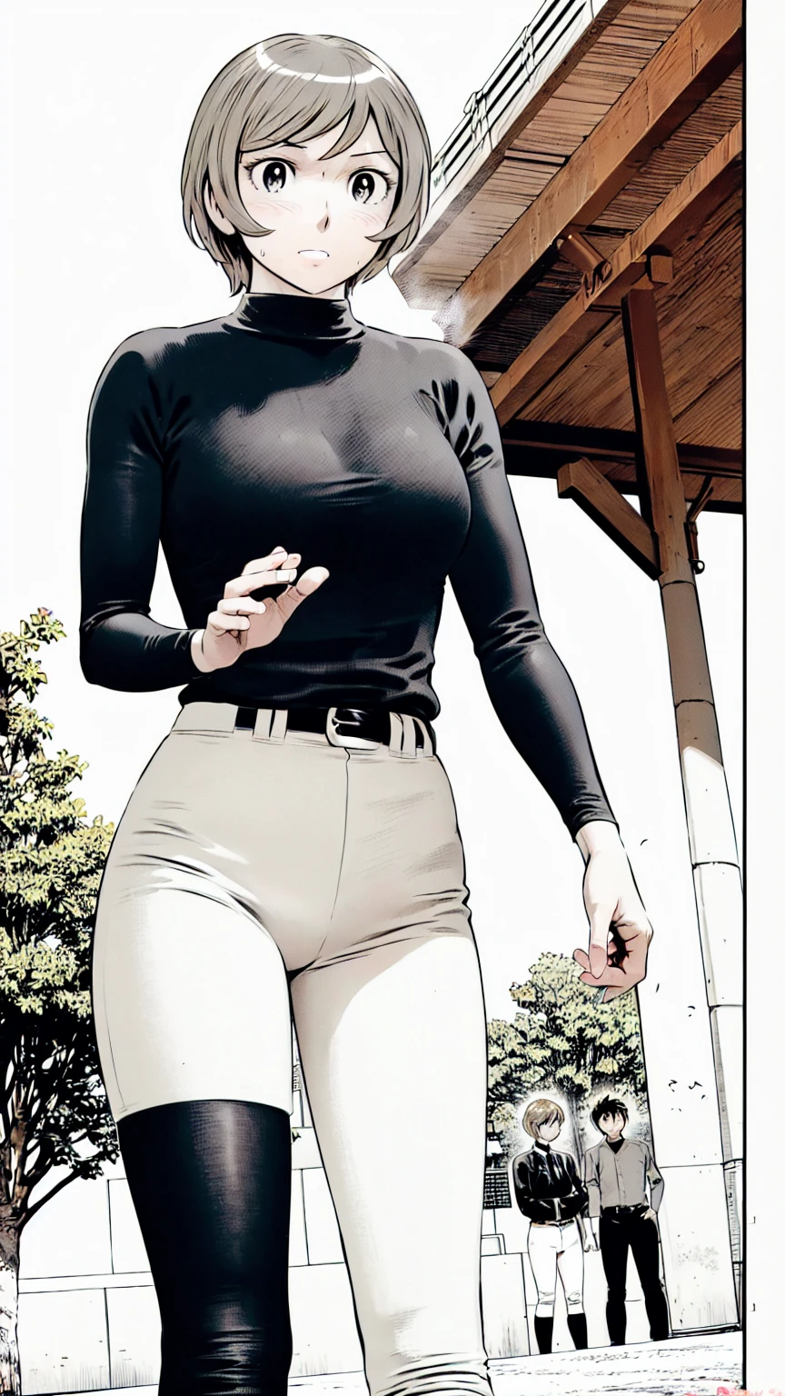 (野球uniform:1.2),
Blonde Hair, (short hair:1.2),Long sleeve, Black Shirt, turtleneck,White trousers、uniform、Black belt、((Illustration of people))、Big Boobs、
View Audience,, (Highest quality:1.3),One Girl, White pants、uniform、Outdoor、baseball ground、ground、soil、blue eyes、Tight black shirt、(masterpiece、Highest quality)、Highest quality, Ultra-high resolution, (((masterpiece))), alone, Sweat、Big eyes、Big Breasts、One Girl, Front view、Embarrassed face、Bronze colored hair、((short hair))、Stand up straight