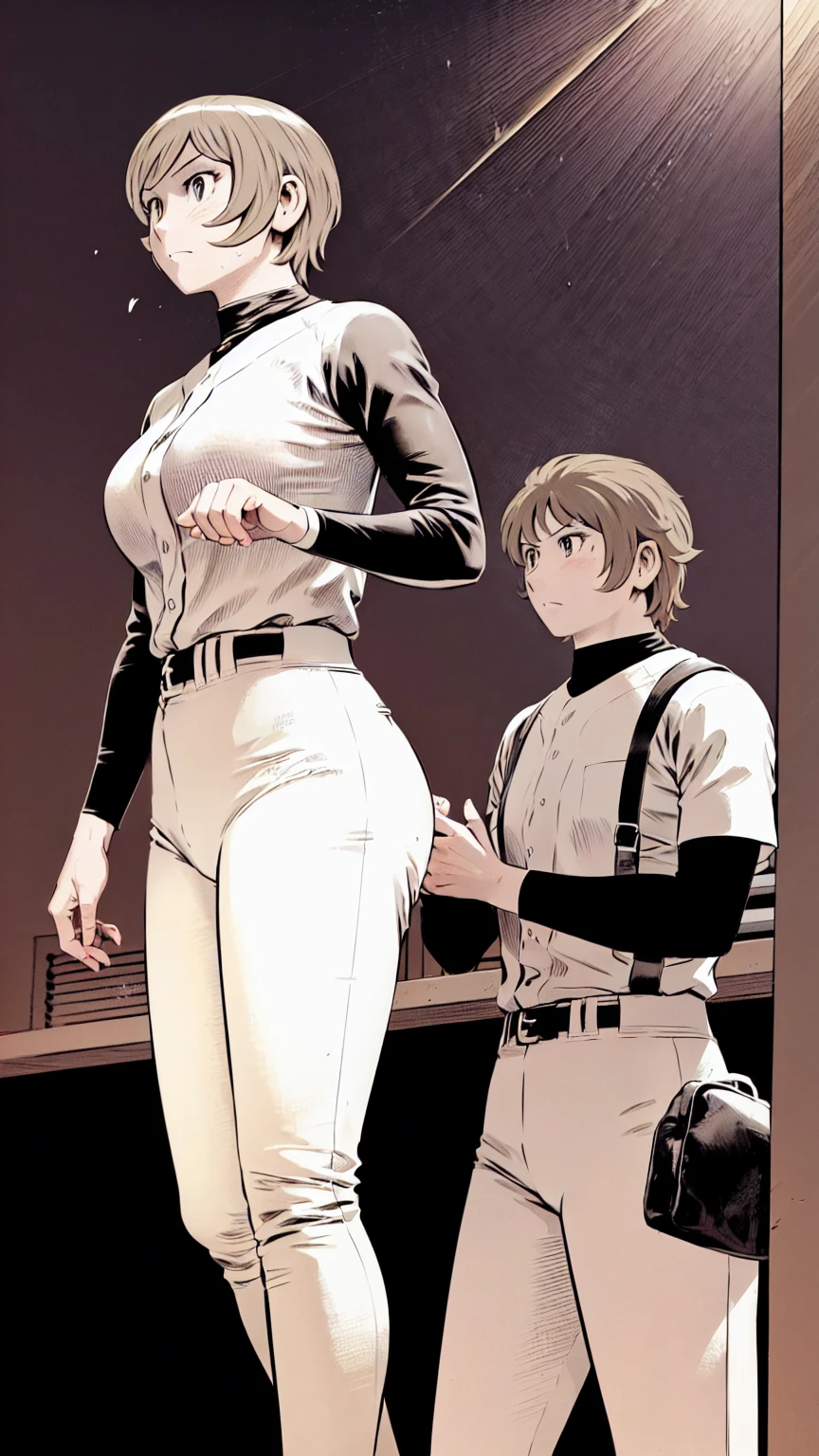 (野球uniform:1.2),
Blonde Hair, (short hair:1.2),Long sleeve, Black Shirt, turtleneck,White trousers、uniform、Black belt、((Illustration of people))、Big Boobs、
View Audience,, (Highest quality:1.3),One Girl, White pants、uniform、Outdoor、baseball ground、ground、soil、blue eyes、Tight black shirt、(masterpiece、Highest quality)、Highest quality, Ultra-high resolution, (((masterpiece))), alone, Sweat、Big eyes、Big Breasts、One Girl, Front view、Embarrassed face、Bronze colored hair、((short hair))、Stand up straight