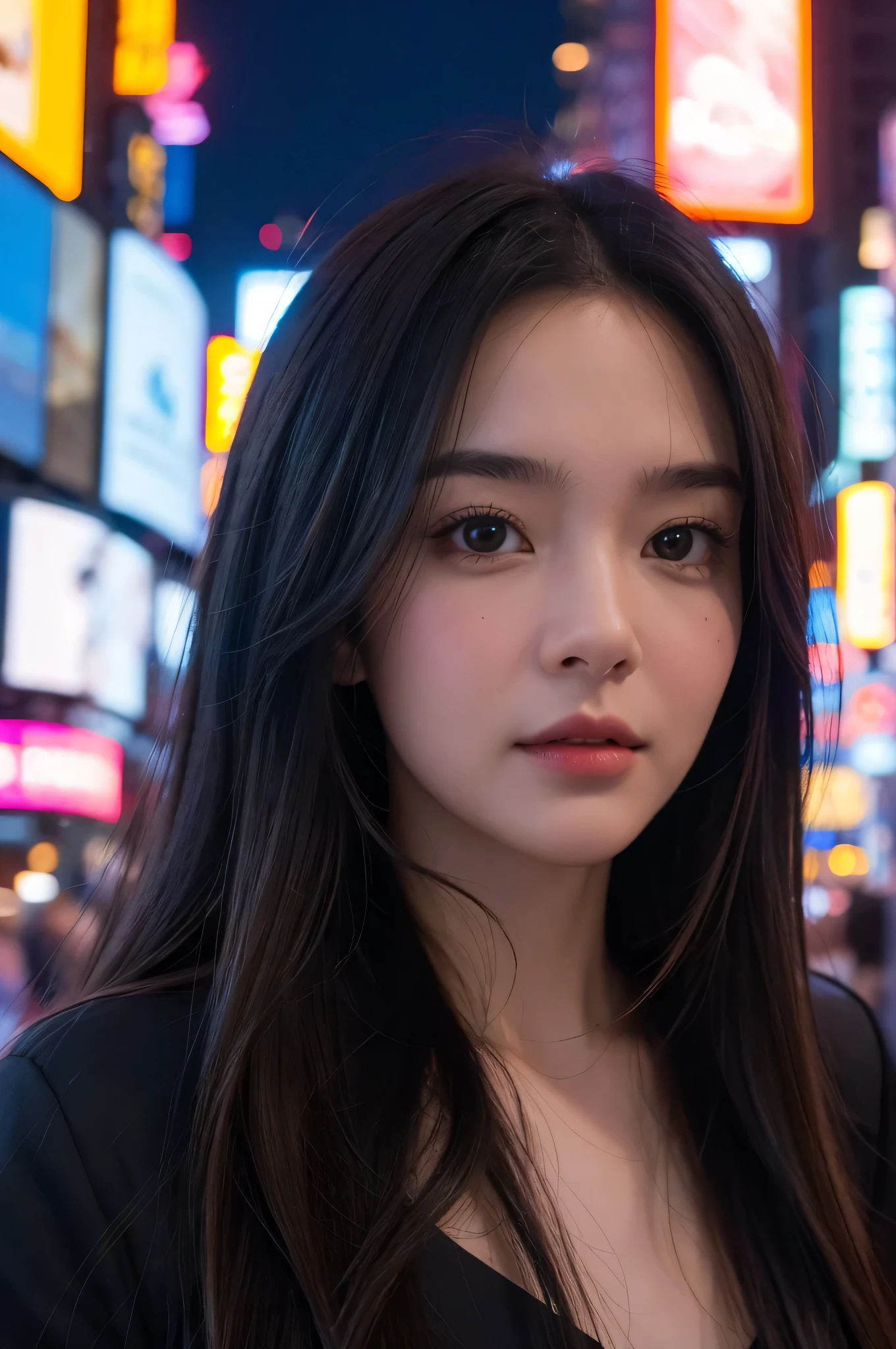 young woman face , Times Square street sidewalk background (With people watching me), night time. selfie, front view, 4K, cinematic, picturerealistic, realism, detail clarity, Ultra HD, picture